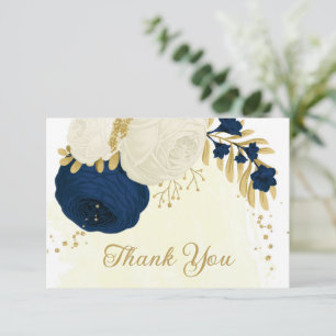 navy & white flowers gold botanical wedding thank you card