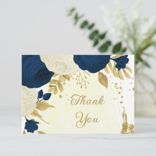 navy & white flowers gold botanical wedding thank you card
