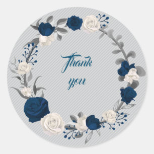 navy & white flowers grey leaves wreath thank you classic round sticker