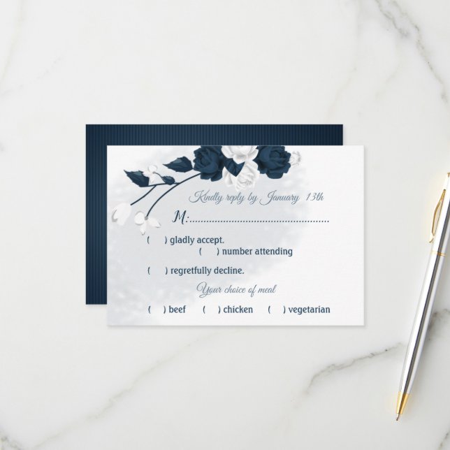 navy & white flowers meal choice  RSVP card (Front/Back In Situ)