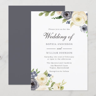 Navy & White Flowers Pure Elegant Wedding Invitation