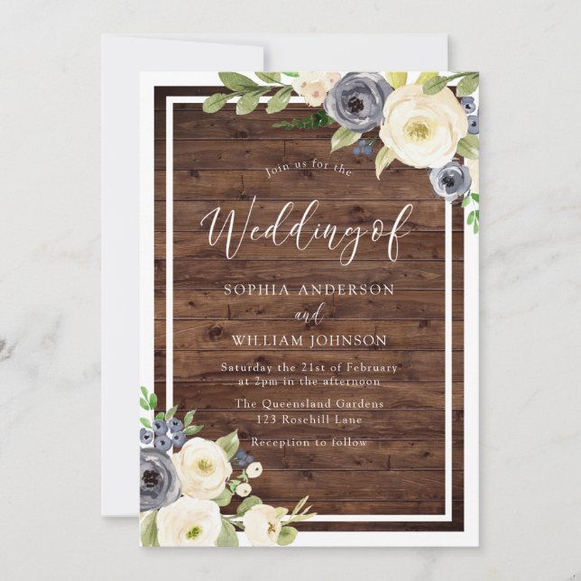 Navy & White Flowers Rustic Fall or Spring Wedding Invitation (Front)