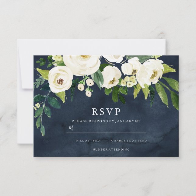 Navy & White Flowers Wedding Bridal RSVP Card (Front)