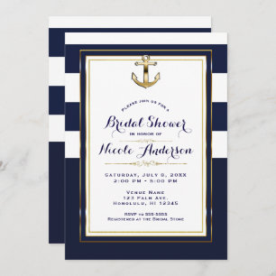 Navy White & Gold Anchor Nautical Bridal Shower Invitation