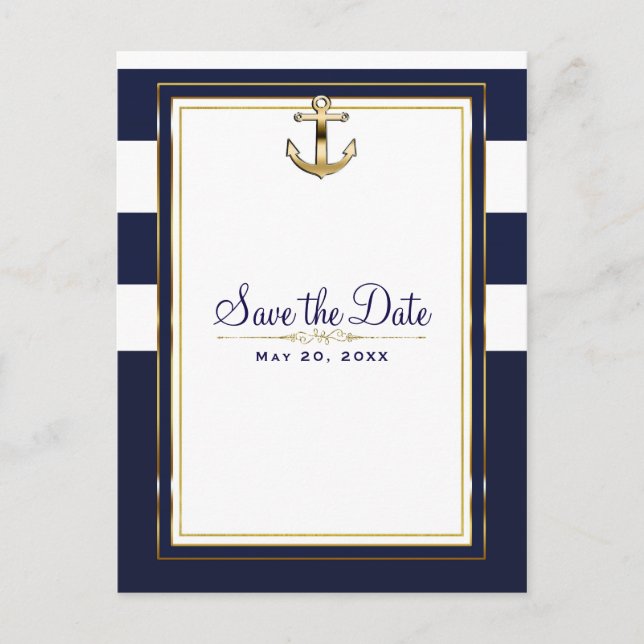 Navy White & Gold Anchor Nautical Save the Date Announcement Postcard (Front)