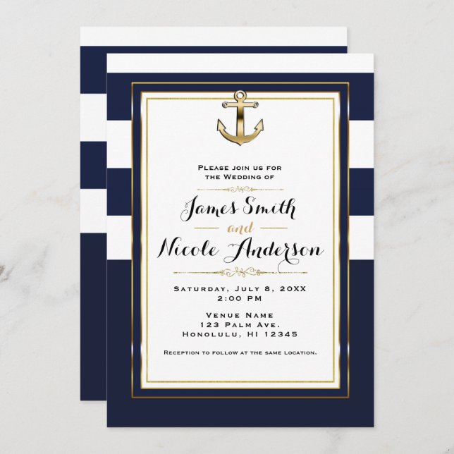 Navy White & Gold Anchor Nautical Stripes Wedding Invitation (Front/Back)