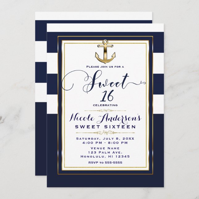 Navy White & Gold Anchor Nautical SWEET 16 Party Invitation (Front/Back)