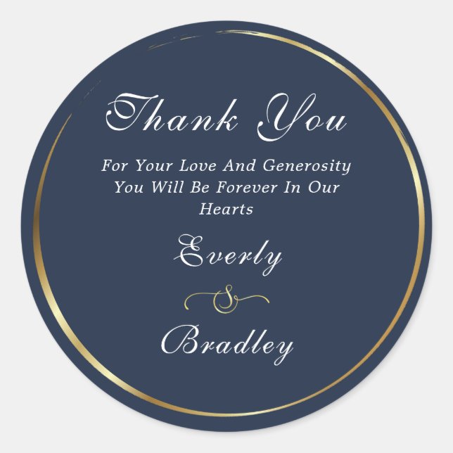 Navy White Gold Elegant Script Wedding Thank You  Classic Round Sticker (Front)