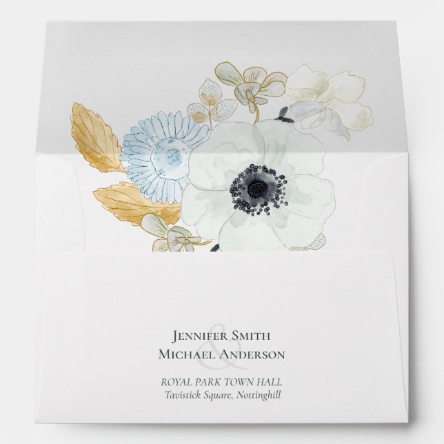 Navy White Gold Floral Wedding Envelope (Back (Bottom))