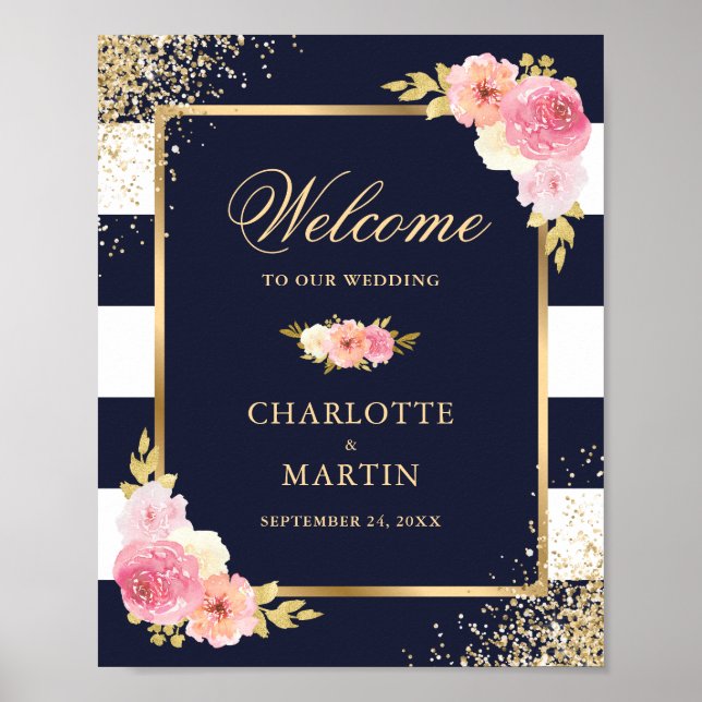 Navy White Gold Pink Floral Wedding Welcome Sign (Front)