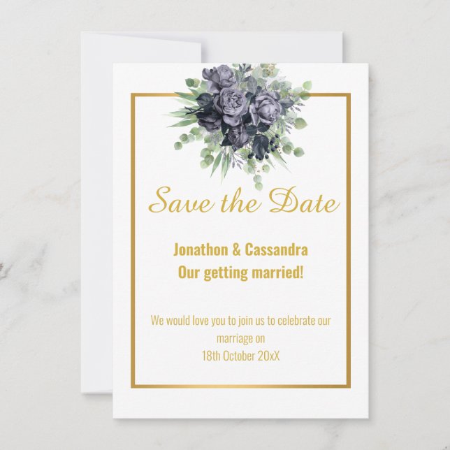 NAVY WHITE GOLD ROSE EUCALYPTUS  SAVE THE DATE (Front)