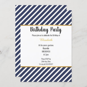 NAVY WHITE GOLD STRIPED PATTERNED BIRTHDAY INVITATION