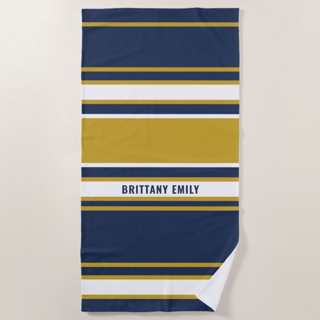 Navy White Gold Stripes Pattern Personalised Beach Towel (Front)