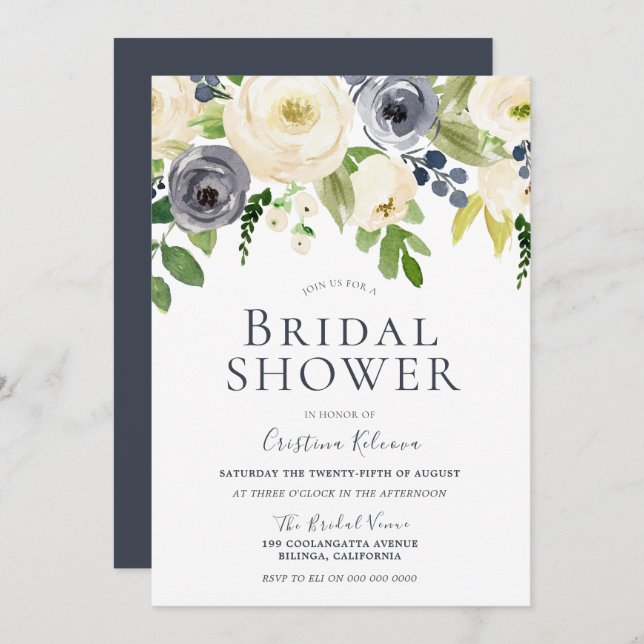 Navy & White Gorgeous Flowers Bridal Shower Invitation (Front/Back)