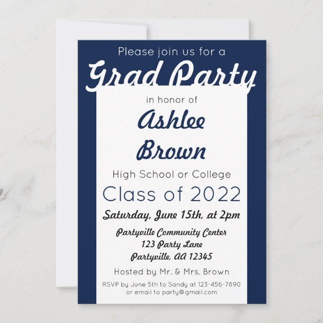 Navy White Grad Party Bold Graduation Invitation (Front)
