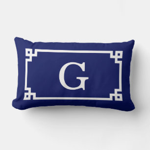 Navy White Greek Key Frame #2 Initial Monogram Lumbar Cushion