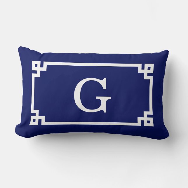 Navy White Greek Key Frame #2 Initial Monogram Lumbar Cushion (Front)