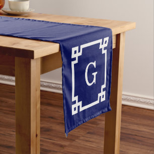 Navy White Greek Key Frame #2 Initial Monogram Short Table Runner
