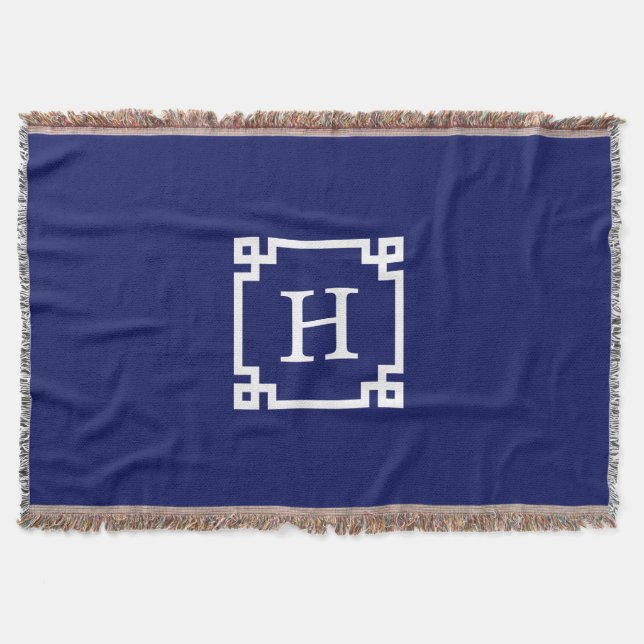 Navy White Greek Key Frame #2 Initial Monogram Throw Blanket (Front)