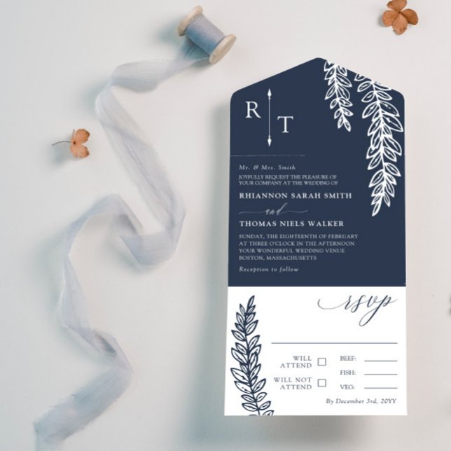 Navy White Greenery Monogrammed Wedding All In One Invitation (Creator Uploaded)