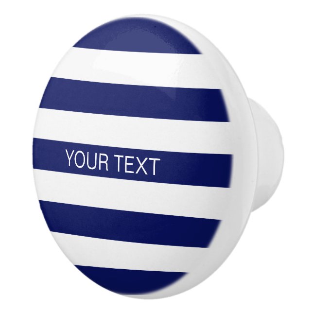 Navy White Horizontal Preppy Stripe Name Monogram Ceramic Knob (Right)