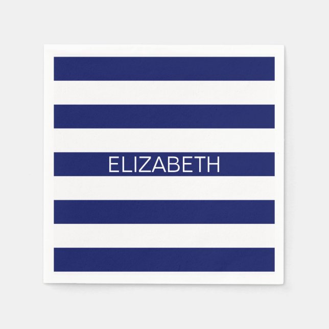 Navy White Horizontal Preppy Stripe Name Monogram Napkin (Front)