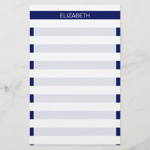 Navy White Horizontal Preppy Stripe Name Monogram Stationery