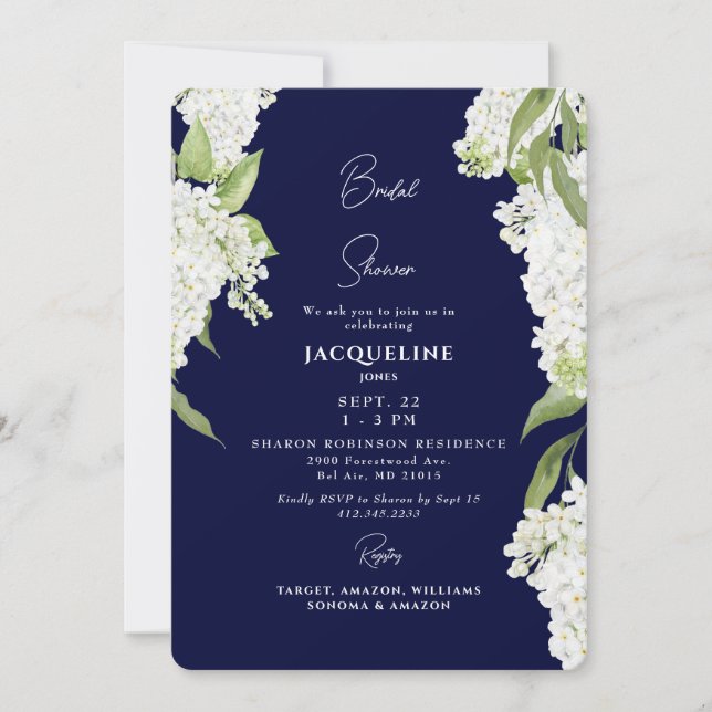 Navy White Hydrangeas Bridal Shower Invitation (Front)