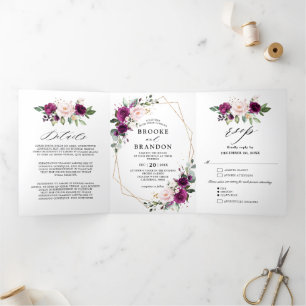 Navy White Ivory Geometric Tri-fold Wedding invite