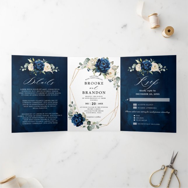 Navy White Ivory Geometric Tri-fold Wedding invite (Inside)