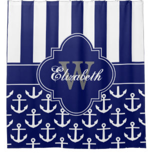Navy White LG Anchor Stripe 1ICBR Monogram Shower Curtain