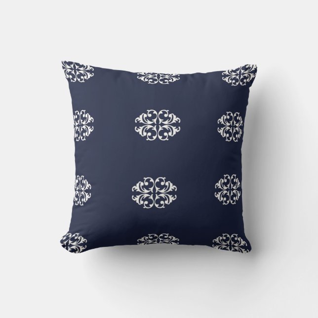 Navy,White, Medallion Designed Throw Pillow (Front)
