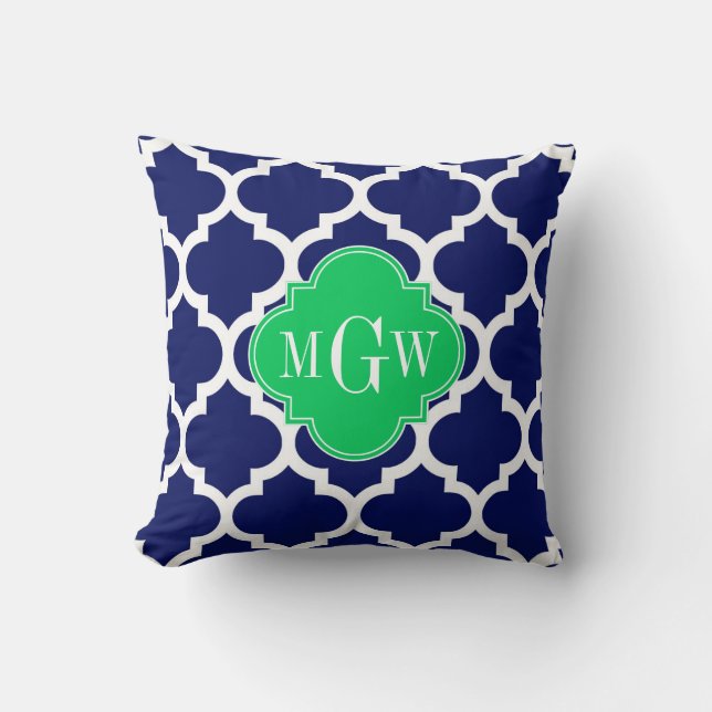 Navy White Moroccan #5 Emerald 3 Initial Monogram Cushion (Front)