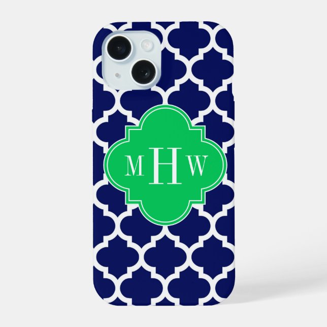 Navy White Moroccan #5 Emerald 3 Initial Monogram iPhone 15 Case (Back)
