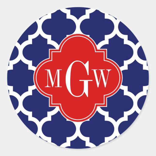Navy White Moroccan #5 Red 3 Initial Monogram Classic Round Sticker (Front)