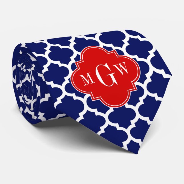 Navy White Moroccan #5 Red 3 Initial Monogram Tie (Rolled)