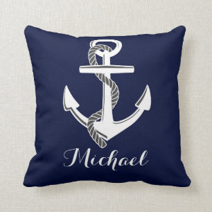 Navy & White Nautical Anchor Custom Throw Pillow