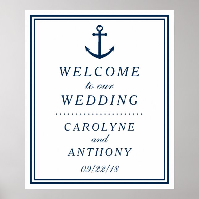 Navy & White Nautical Anchor Wedding Welcome Sign (Front)