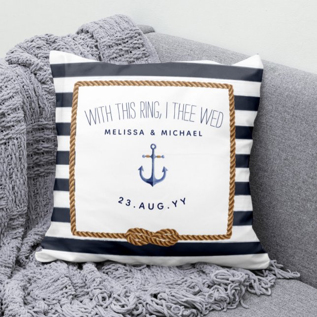 Navy & White Nautical Infinity Ring Bearer Wedding Cushion (Nautical Wedding Ring Bearer Keepsake Pillow with White and Navy Blue Stripes and Infinity Love Knot)