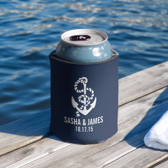 Navy & White Nautical Rope & Anchor Wedding Favour Can Cooler (Creator Uploaded)