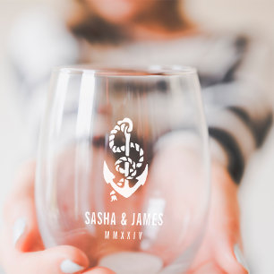 Navy & White Nautical Rope & Anchor Wedding Favour Stemless Wine Glass