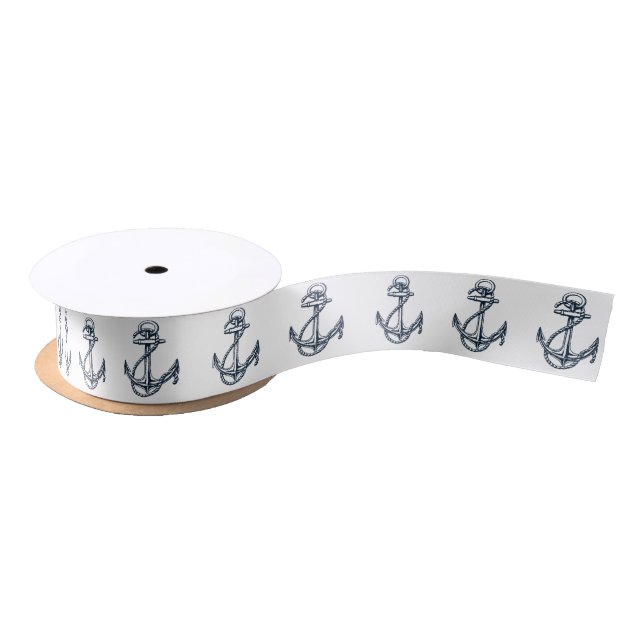 Navy & White Nautical Ships Anchor  Satin Ribbon (Spool)