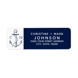 Navy + White Nautical Sketch Anchor Couple   Return Address Label