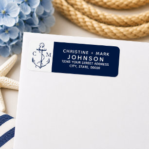 Navy + White Nautical Sketch Anchor Couple   Return Address Label