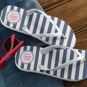 Navy & White Nautical Stripe w/ Pink Monogram Thongs