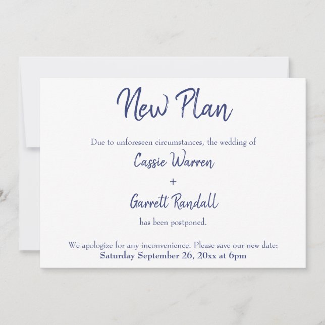 Navy White New Date Postponed Wedding Announcement (Front)