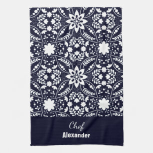 Navy White Nordic Folk Floral Pattern  Tea Towel