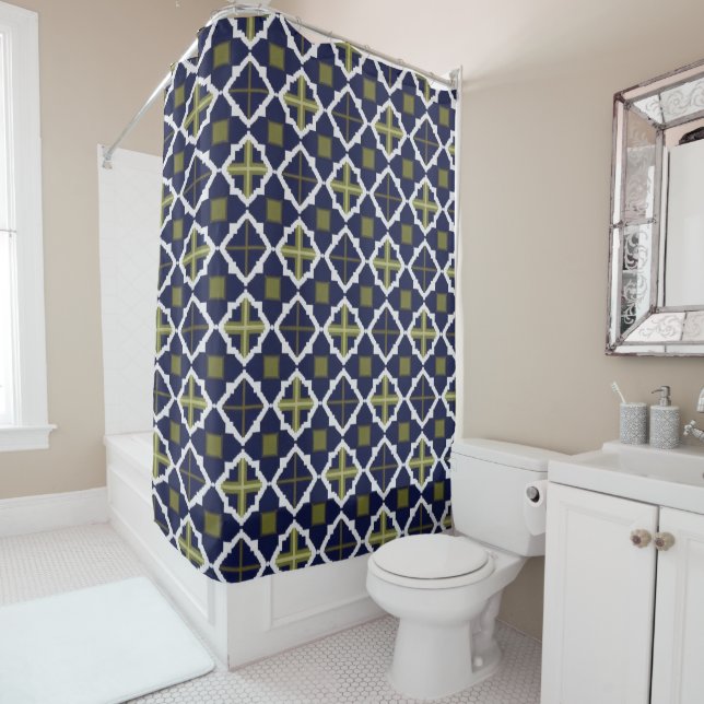 Navy, White, Olive Geometric Shower Curtain (In Situ)