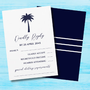 Navy White Palm Tree Coastal Wedding RSVP Card