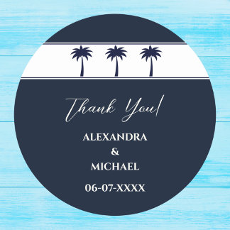 Navy White Palm Tree Coastal Wedding Thank You Classic Round Sticker